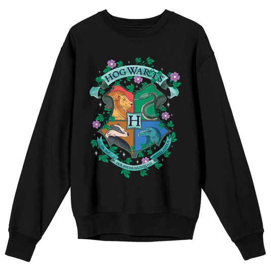 Bioworld Harry Potter - Floral Hogwarts Crest Women's Black Crew Neck Sweatshirt