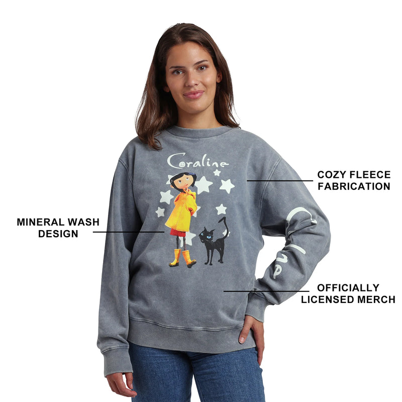 Cargue la imagen en el visor de la galería, Bioworld Coraline Logo Women's Gray Mineral Wash Crew Neck Long Sleeve Sweatshirt
