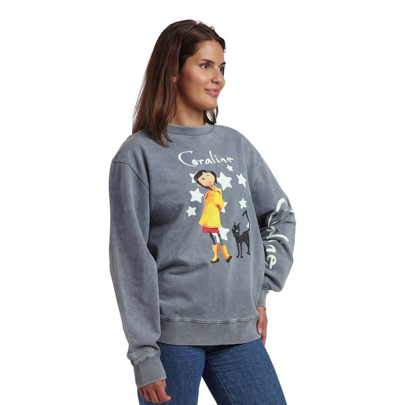 Cargue la imagen en el visor de la galería, Bioworld Coraline Logo Women's Gray Mineral Wash Crew Neck Long Sleeve Sweatshirt
