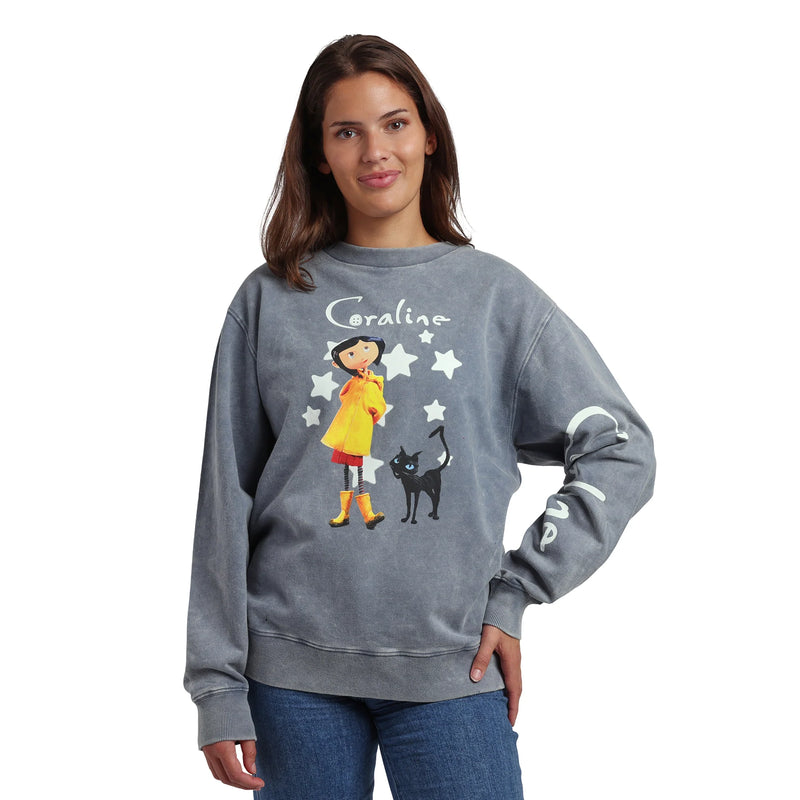 Cargue la imagen en el visor de la galería, Bioworld Coraline Logo Women's Gray Mineral Wash Crew Neck Long Sleeve Sweatshirt

