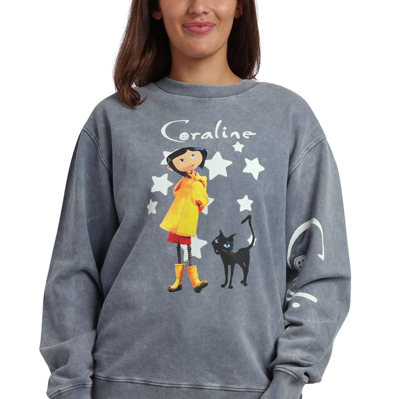 Cargue la imagen en el visor de la galería, Bioworld Coraline Logo Women's Gray Mineral Wash Crew Neck Long Sleeve Sweatshirt
