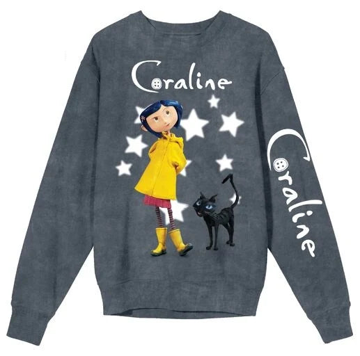 Bioworld Coraline Logo Women's Gray Mineral Wash Crew Neck Long Sleeve Sweatshirt