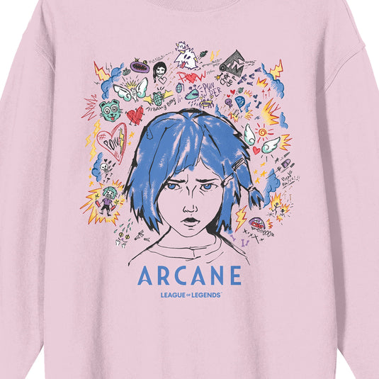 Bioworld Arcane League Of Legends Powder Doodle Art Adult Cradle Pink Crew Neck Long Sleeve Sweatshirt