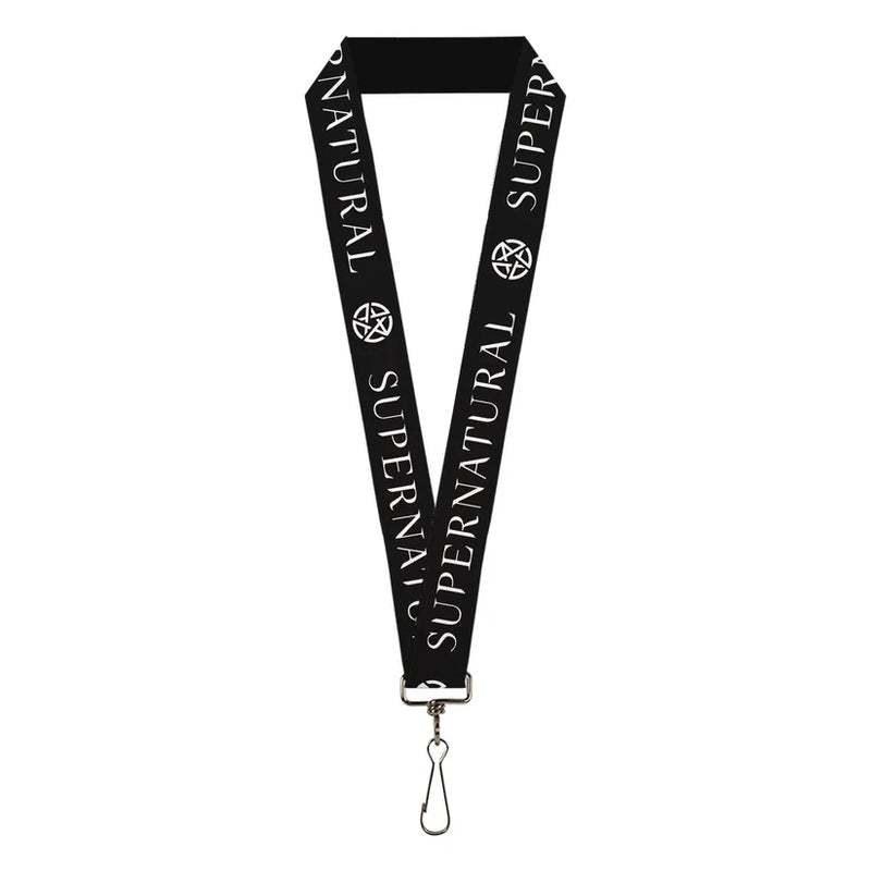 Load image into Gallery viewer, Supernatural - Text and Pentagram Black/White Lanyard
