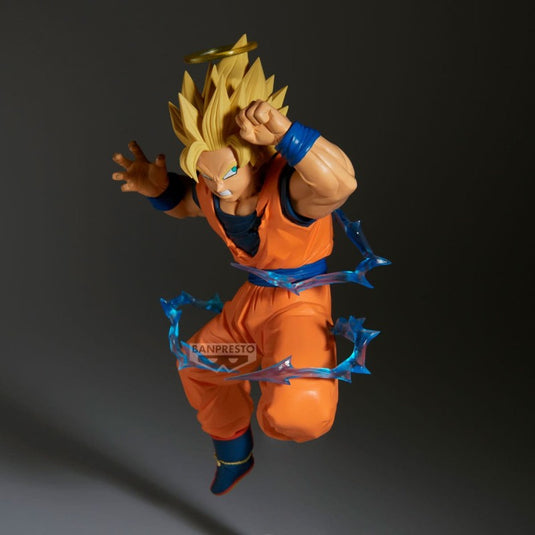 Action figure in orange and blue outfit with blue energy effects on a dark background
