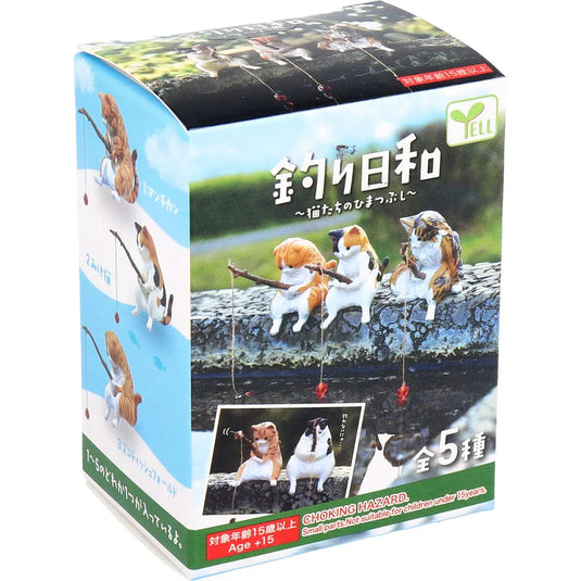 Box packaging for a product featuring Cat with fishing rods on a scenic background.