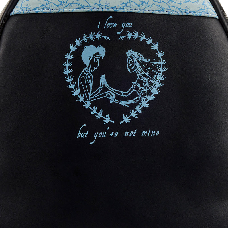 Cargue la imagen en el visor de la galería, Black bag with blue embroidered design and text on a black background
