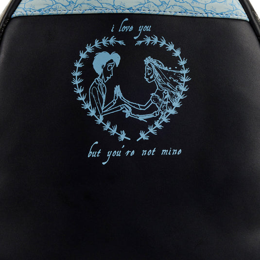 Black bag with blue embroidered design and text on a black background