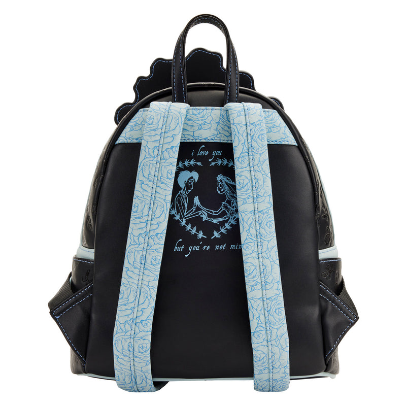 Cargue la imagen en el visor de la galería, Black backpack with blue patterned straps on a white background
