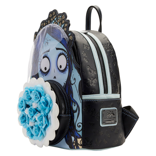 Backpack with character design featuring blue roses and a face on a white background