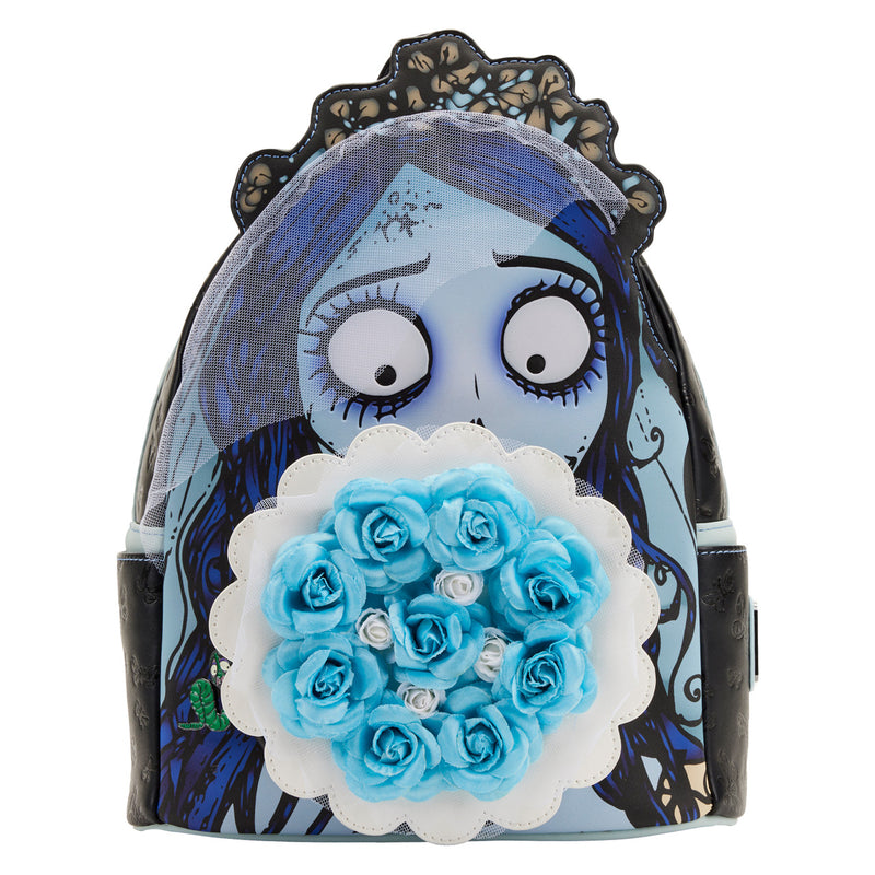 Cargue la imagen en el visor de la galería, Backpack with character design and blue flowers on a white background
