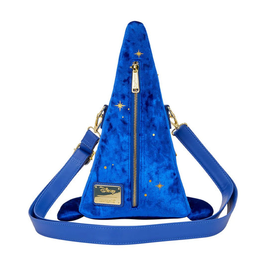 Blue triangular bag with gold accents on a white background