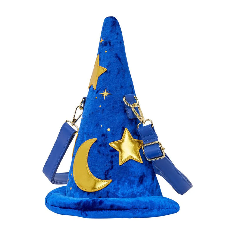 Cargue la imagen en el visor de la galería, Blue wizard hat with gold stars and crescent moon design on a white background
