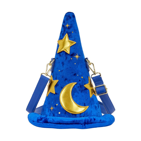 Blue wizard hat with gold stars and moon on a white background