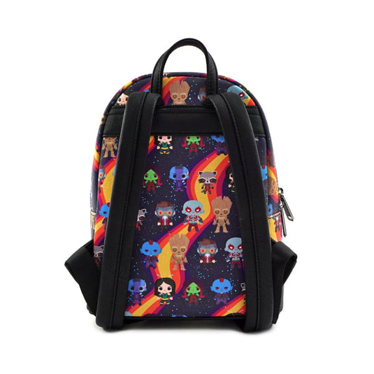Backpack with colorful character pattern on a white background