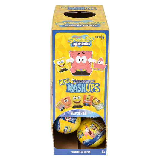 Toy packaging for 'Mashups' featuring characters from 'SpongeBob SquarePants' with a yellow and blue color scheme.