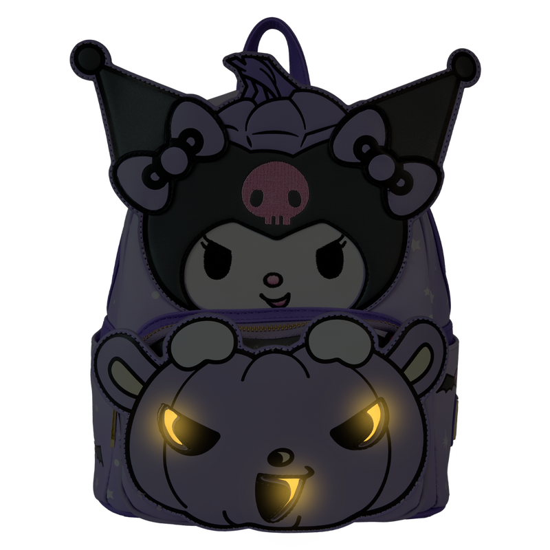 Load image into Gallery viewer, Loungefly Sanrio Kuromi Pumpkin Light Up Glow Mini Backpack
