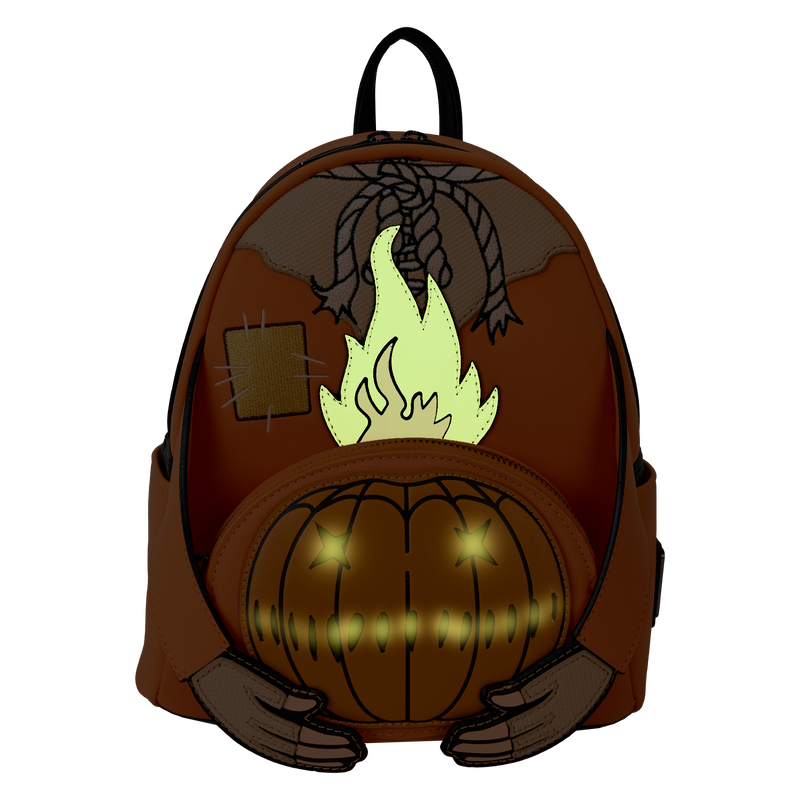 Load image into Gallery viewer, Loungefly Trick &#39;R Treat Flaming Pumpkin Head Sam Light Up Glow Mini Backpack
