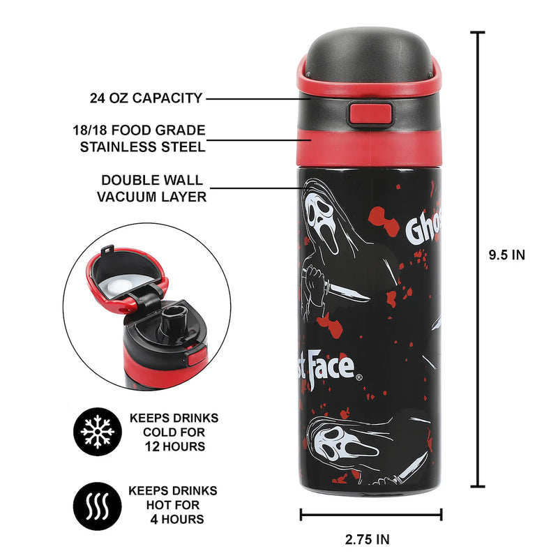 Chargez l&#39;image dans la visionneuse de la galerie, Bioworld Ghostface Mask &amp; Blood Splatter All-Over Print Black 24 Oz Stainless Steel Water Bottle
