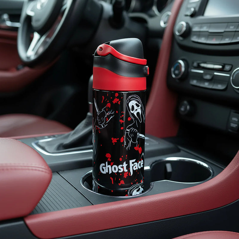 Chargez l&#39;image dans la visionneuse de la galerie, Bioworld Ghostface Mask &amp; Blood Splatter All-Over Print Black 24 Oz Stainless Steel Water Bottle

