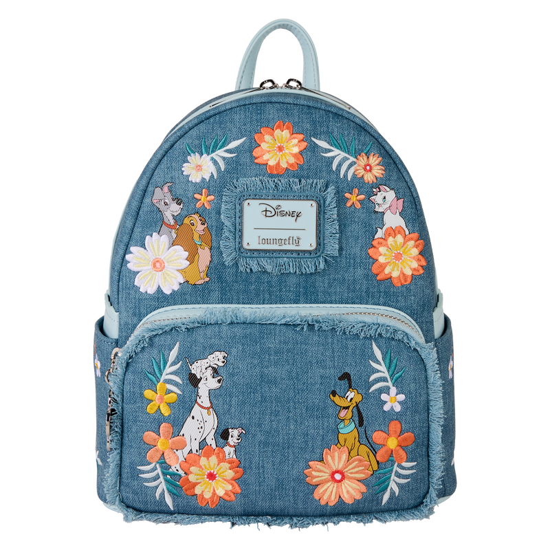 Chargez l&#39;image dans la visionneuse de la galerie, Loungefly Disney Dogs &amp; Cats - Floral Faux Denim Fringe Mini Backpack
