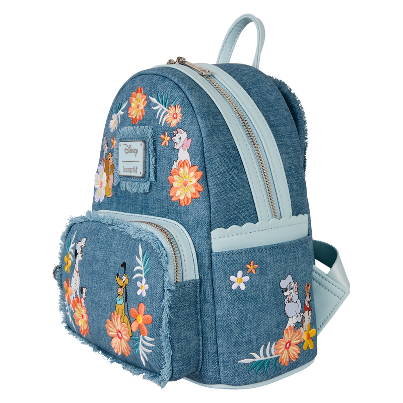 Chargez l&#39;image dans la visionneuse de la galerie, Loungefly Disney Dogs &amp; Cats - Floral Faux Denim Fringe Mini Backpack
