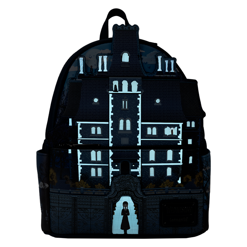 Load image into Gallery viewer, Loungefly The Addams Family - Wednesday Nevermore Academy Castle Glow Mini Backpack
