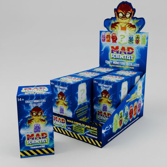 Display of 'Mad Scientist' toy boxes with colorful packaging on a white background