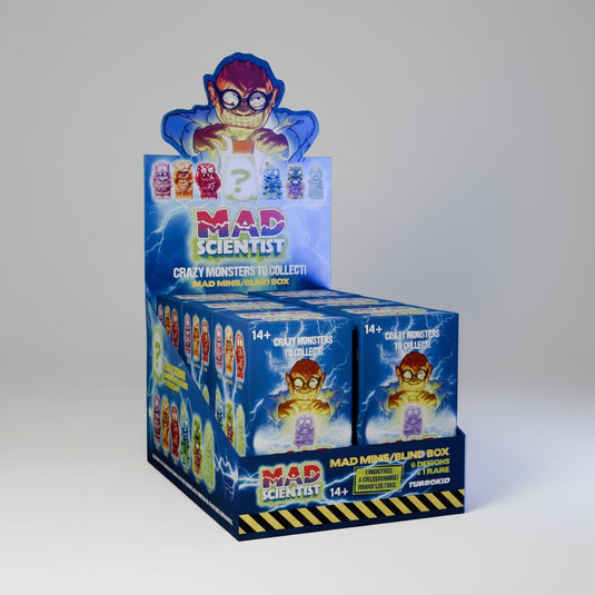 Display of 'Mad Scientist' toy boxes with colorful packaging against a blue background.