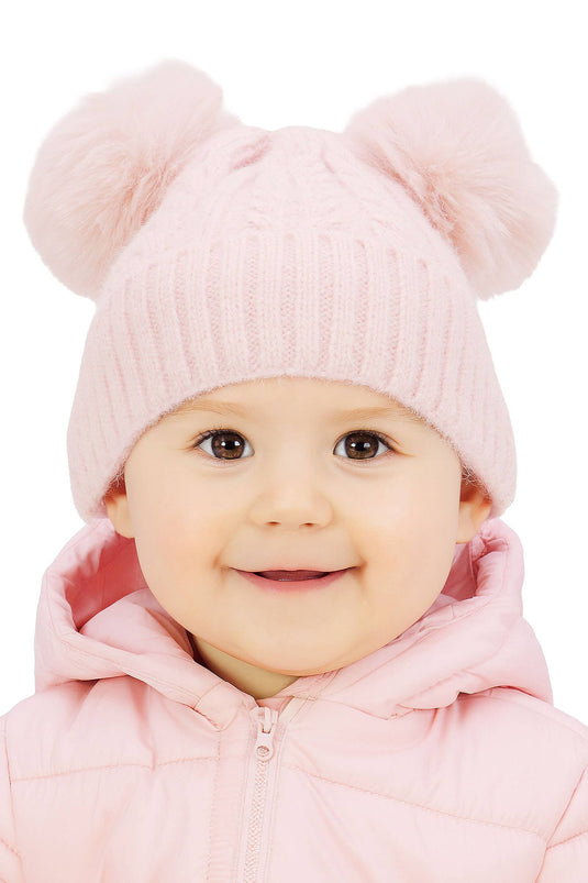 Toddlers Cable Knitted Double Pom Beanie