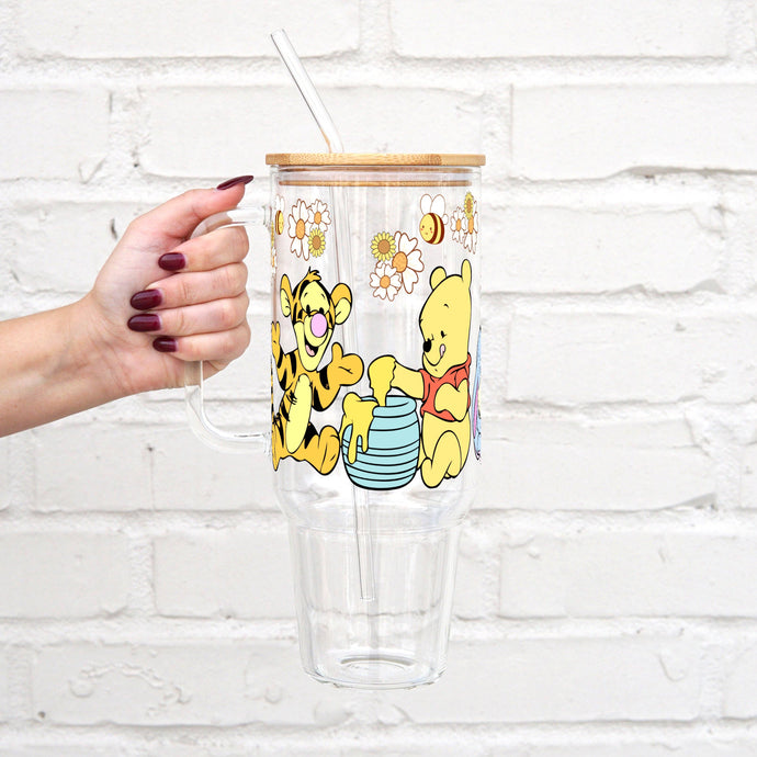 Winnie The Pooh Kids 40oz Glass Tumbler With Lid and Straw