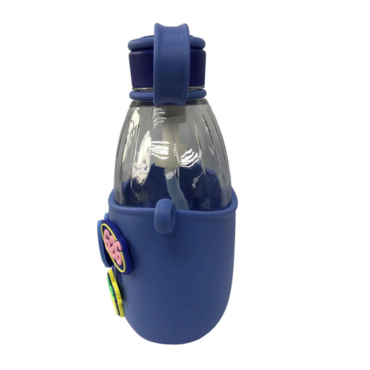 Clear bottle with blue silicone cover and colorful tag on a white background