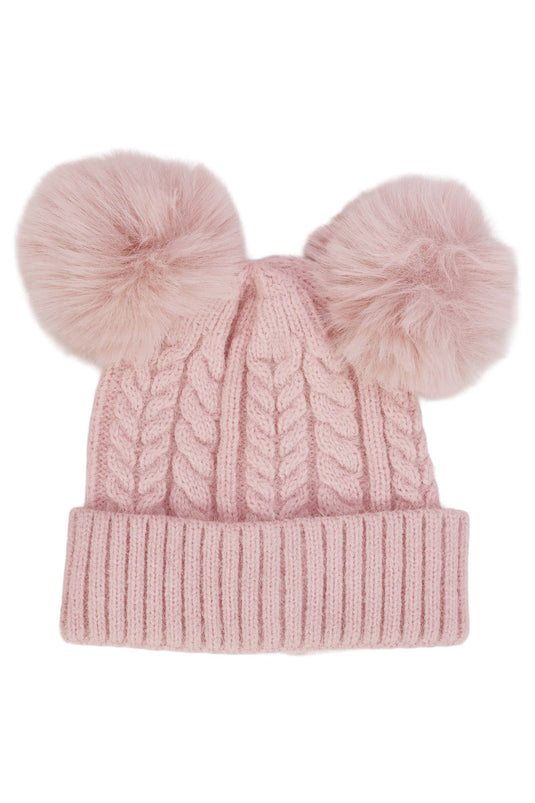 Toddlers Cable Knitted Double Pom Beanie