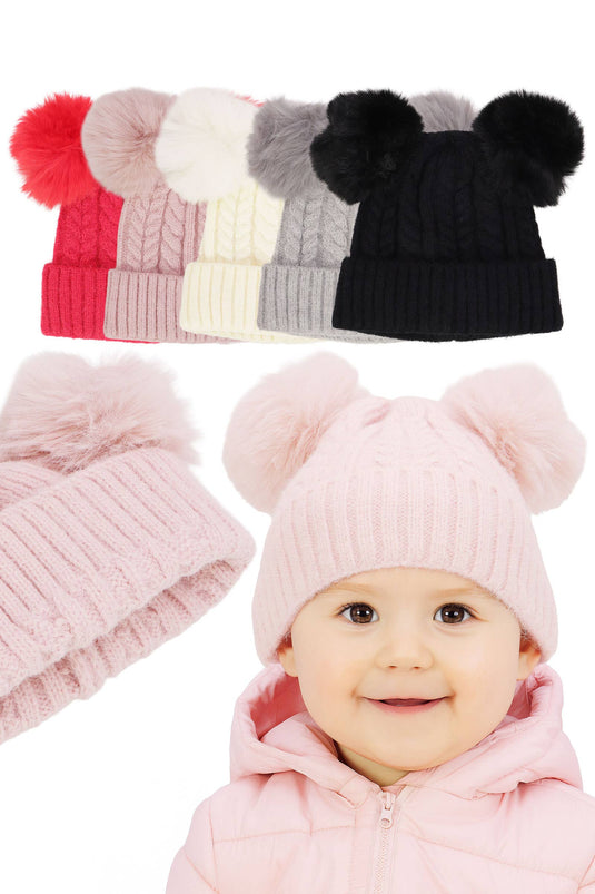 Toddlers Cable Knitted Double Pom Beanie