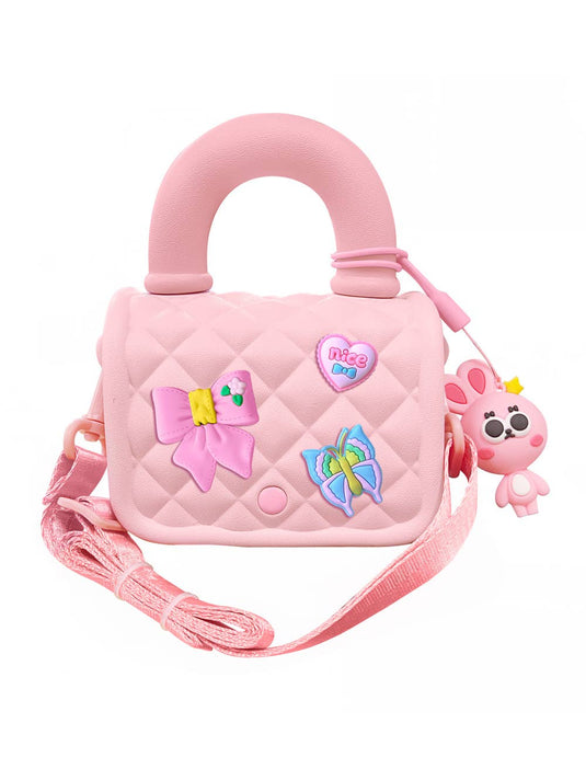 Pink children's bag with decorative elements on a white background