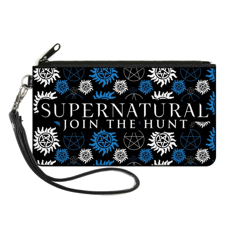 Load image into Gallery viewer, Buckle-Down Supernatural Join The Hunt Icons Scattered Black-Blues-White Canvas Zipper Wallet
