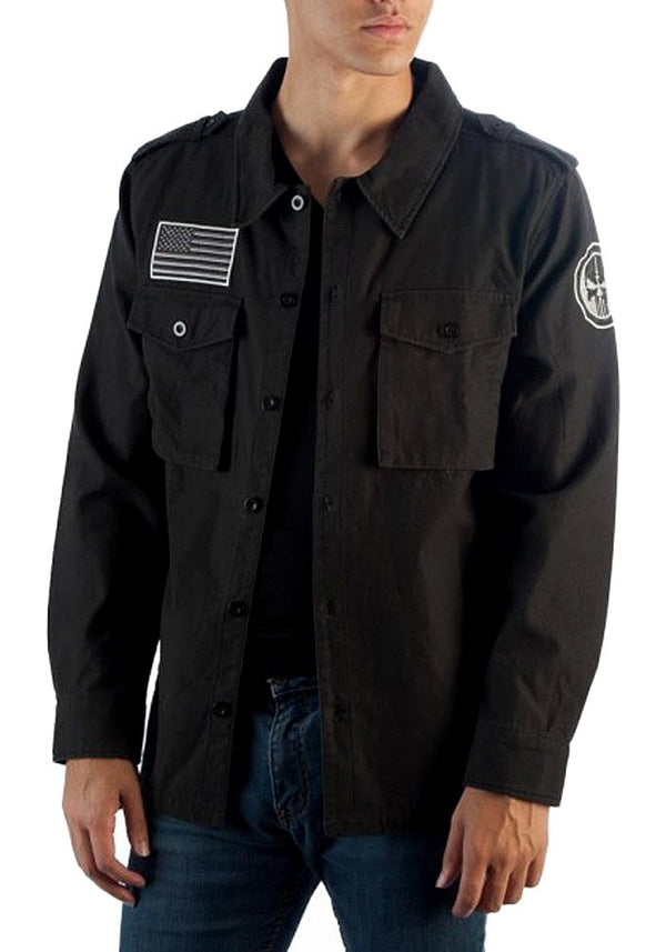 Marvel Utility Punisher Jacket Vigilante Skull Logo Button Up Jacket