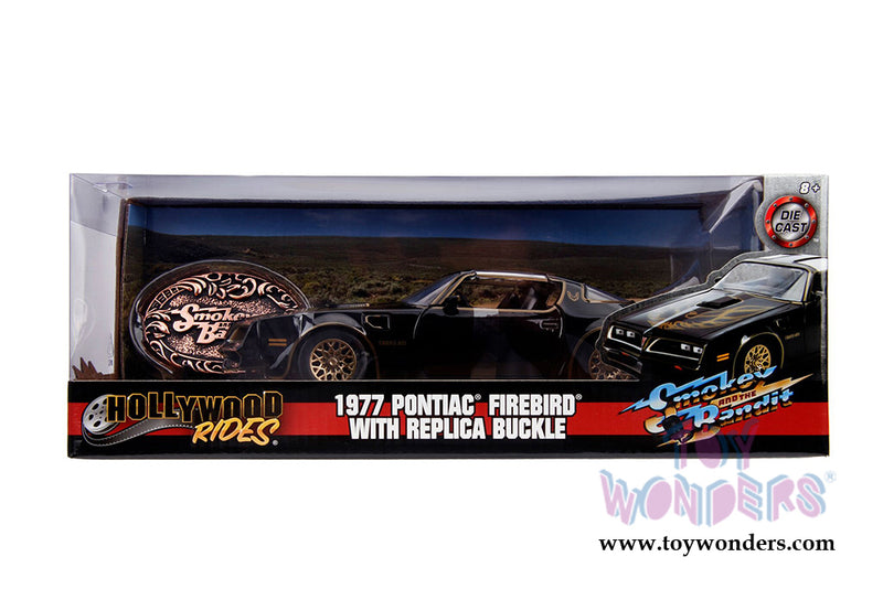 Chargez l&#39;image dans la visionneuse de la galerie, Hollywood Rides - Smokey and the Bandit Pontiac Firebird avec réplique de boucle (1977, modèle de voiture moulé sous pression à l&#39;échelle 1/24, noir)
