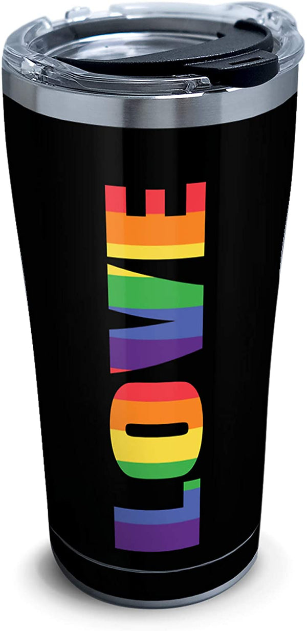 Pride Love Rainbow Stainless Steel Insulated Tumbler with Clear and Black Hammer Lid, 20oz, Silver