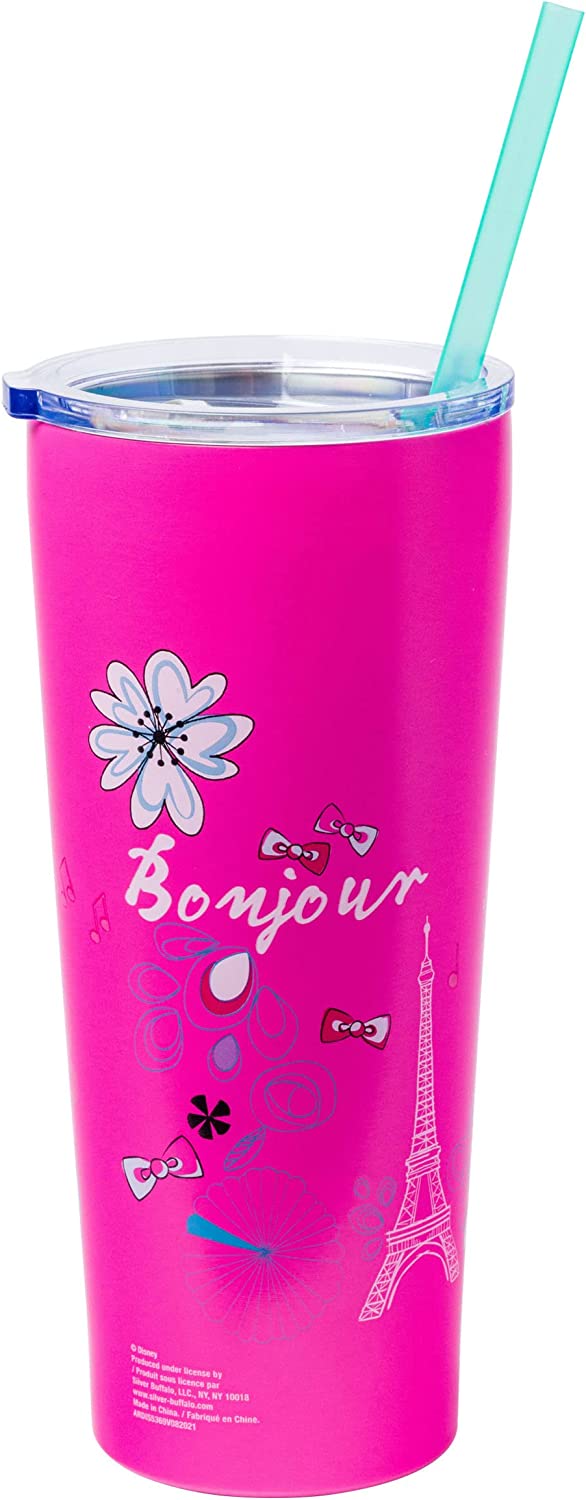 Cargue la imagen en el visor de la galería, Aristogatos Marie Doodle Flowers Vaso de acero inoxidable de doble pared con pajita 
