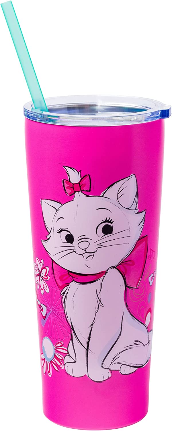 Aristocats Marie Doodle Flowers Double Walled Stainless Steel Tumbler with Straw