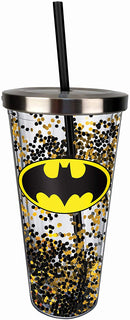Batman Logo Glitter Cup w/Straw, One Size, Black and Gold