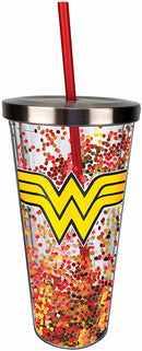 Wonder Woman Logo Glitter Cup w/Straw, One Size, Red & Gold