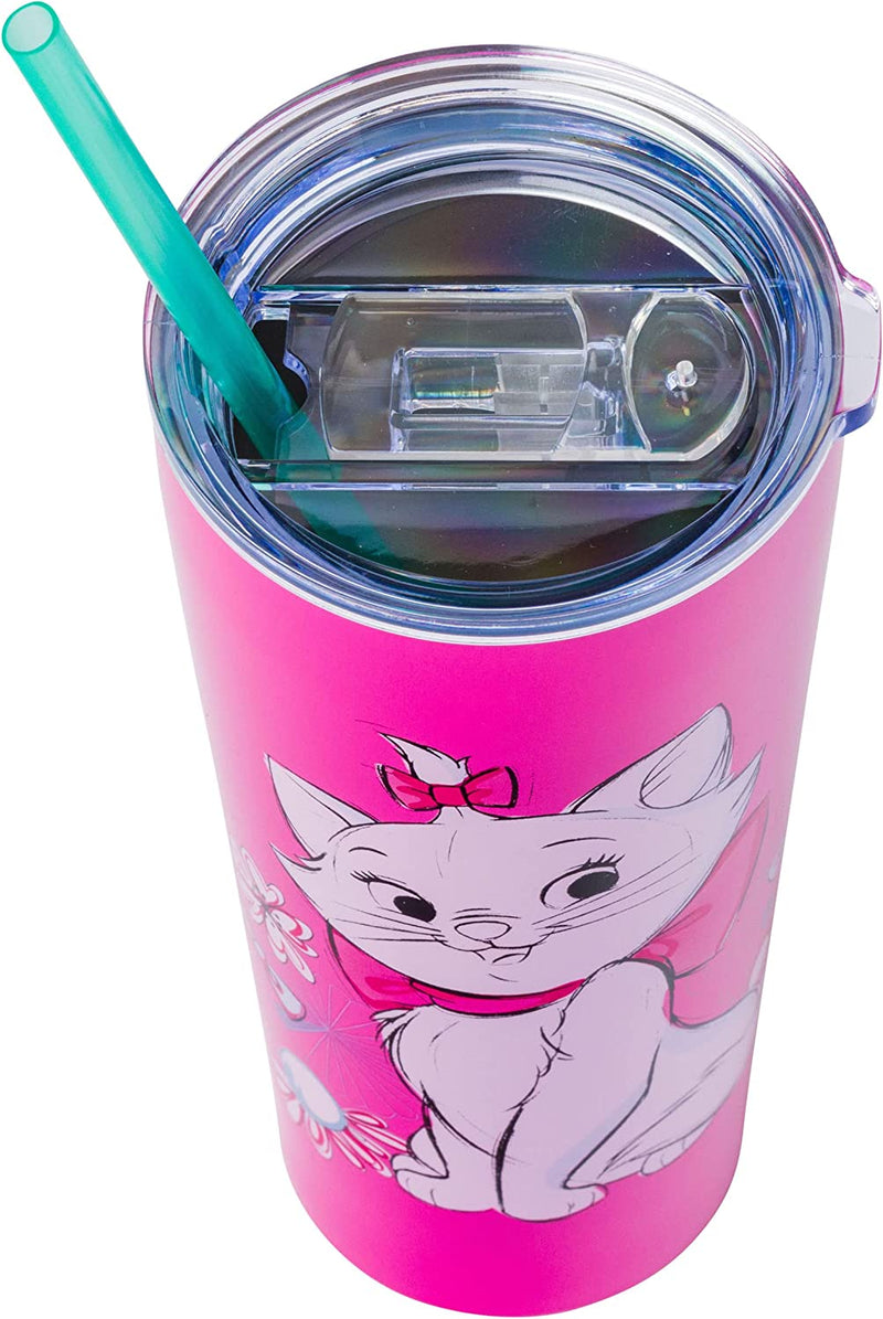 Aristocats Marie Doodle Flowers Double Walled Stainless Steel Tumbler with Straw