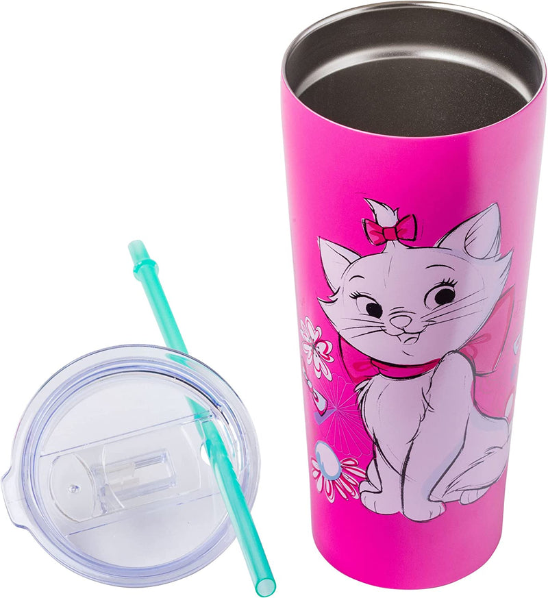 Aristogatos Marie Doodle Flowers Vaso de acero inoxidable de doble pared con pajita 