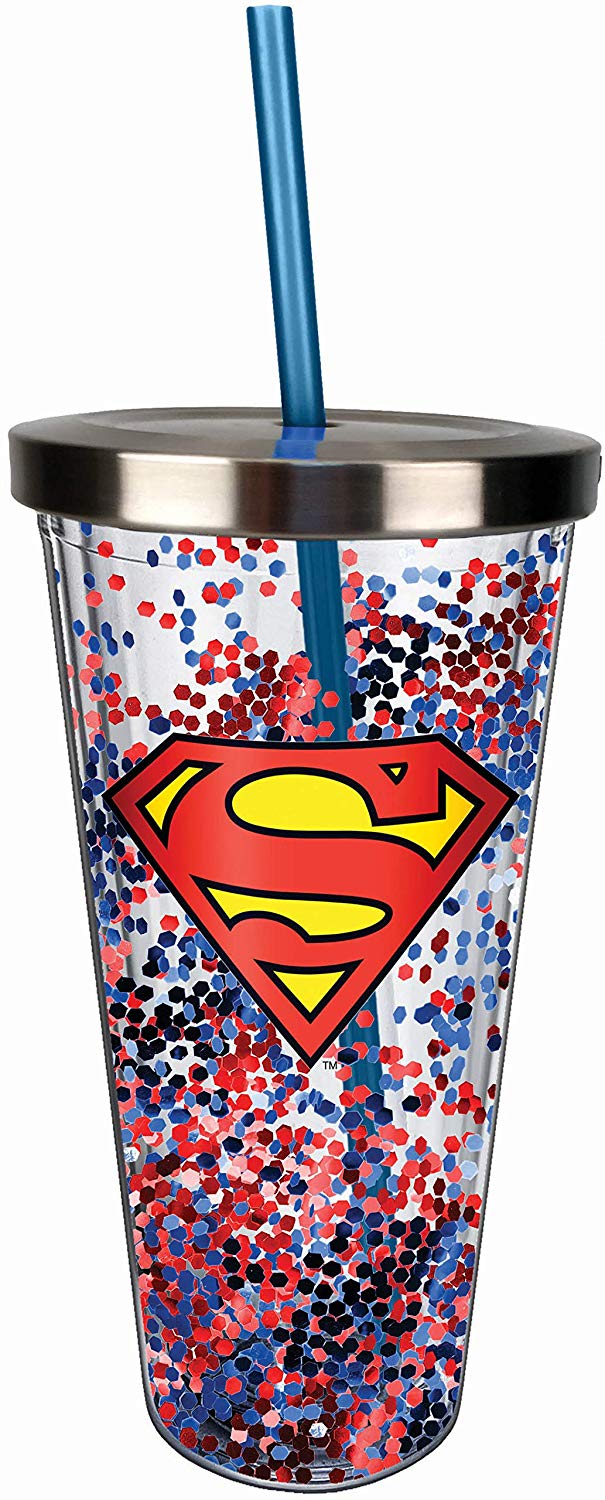 Superman Logo Glitter Cup w/Straw, One Size, Red and Blue