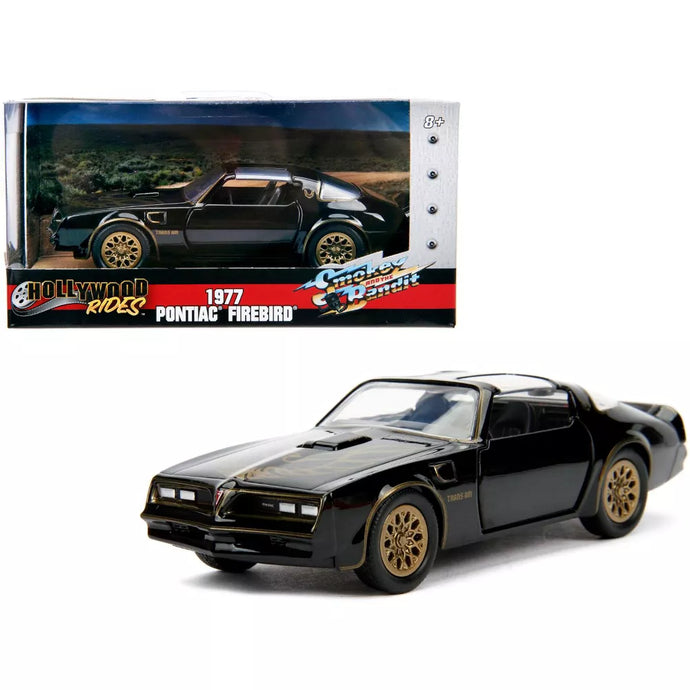 Hollywood Rides - Smokey and The Bandit Pontiac T-Top (1977, modèle de voiture moulé sous pression à l'échelle 1/32, noir/or) 