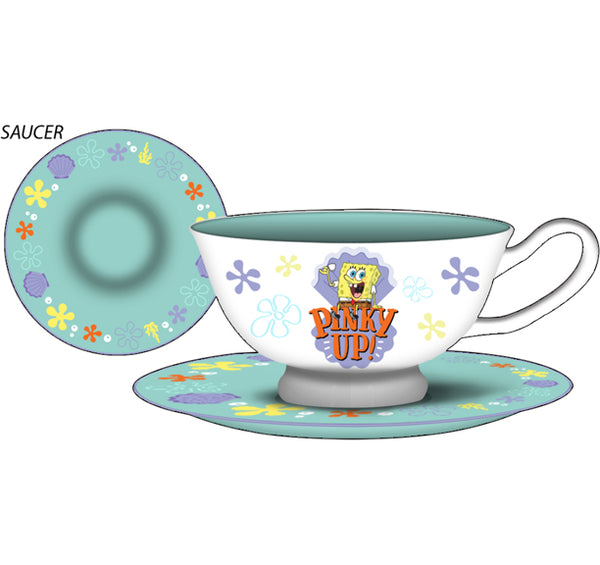 Bob Esponja: Pinky up - Taza de té y platillo de cerámica de 12 oz en caja con lámina dorada floral