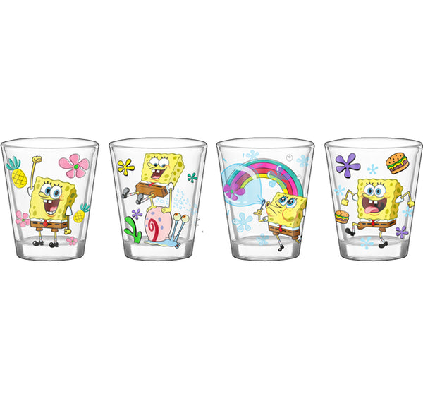 SpongeBob - Squarepants Poses Floral Shot Glass Sets, Clear Glass (4 Pack)