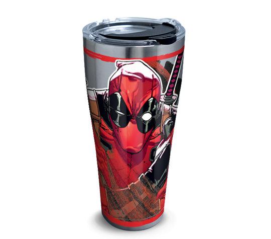 Marvel Comics: Deadpool - Icónico vaso de viaje plateado con aislamiento de acero inoxidable y tapa 